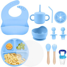 Set d’alimentation pour bébé en silicone avec ventouse, 7 éléments, bleu — vaisselle bebe blw