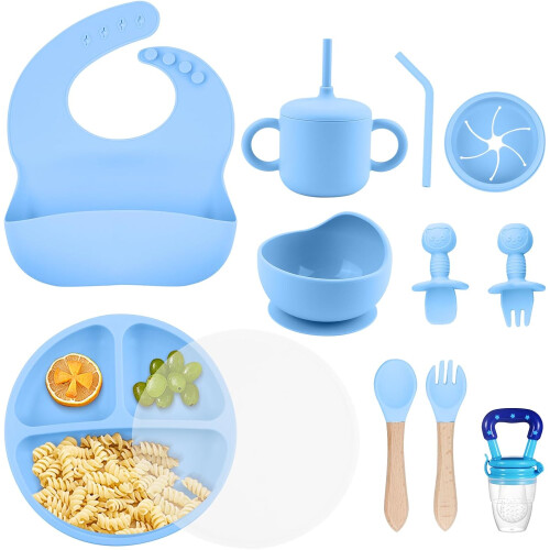 Set d’alimentation pour bébé en silicone avec ventouse, 7 éléments, bleu — vaisselle bebe blw