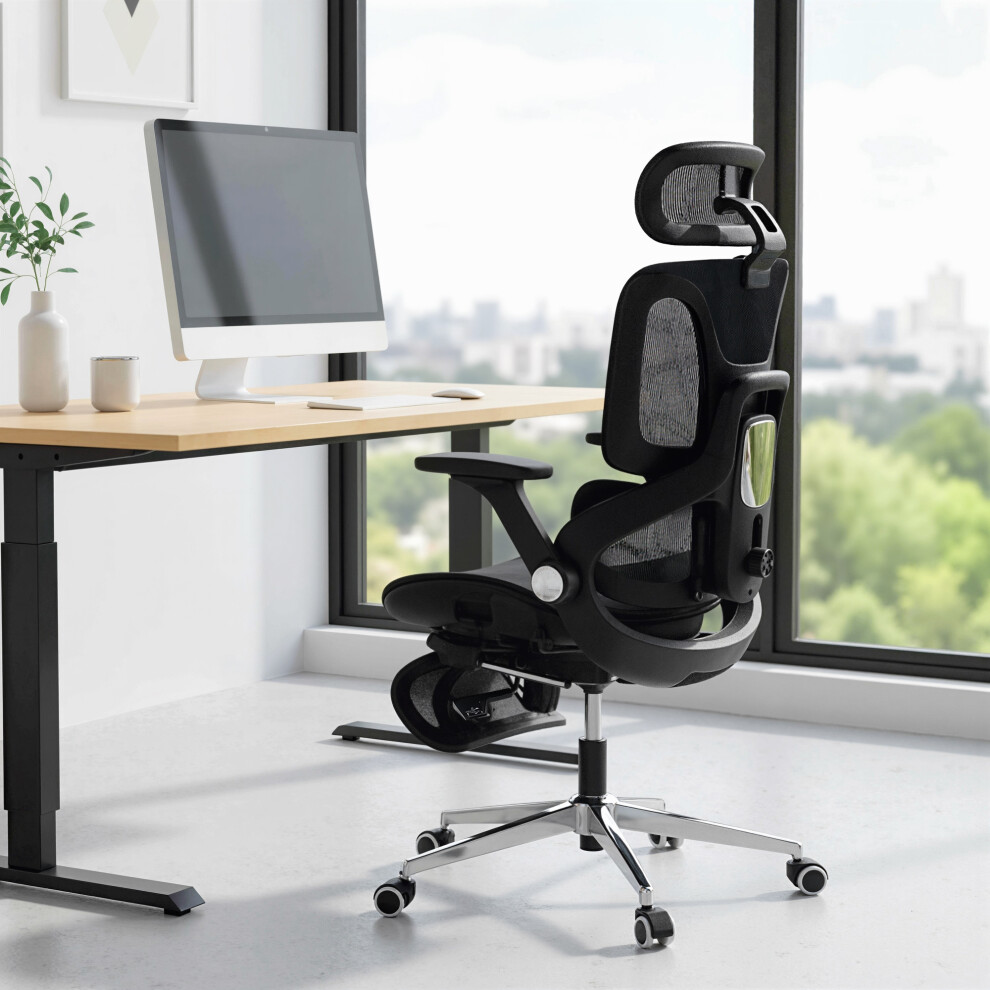 Homcom (Black) Ergonomic Office Chair, Mesh Desk Chair With Lumbar Support, Footrest