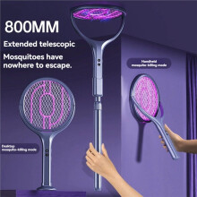 Tasque à Moustiques Électrique Télescopique 2 en 1 avec Lampe Anti-Moustiques, Piège à Insectes Volants Multifonctionnel pour L'Intérieur et