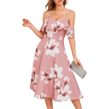 Elegantes Midikleid Cocktail mit Trägern, schwingendem Blumenmuster in Rosa XL — rosa cocktailkleid, blumen midi kleid