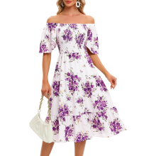 Koktailkleid Midi Sommer Festlich Boho Luftig Blumenmuster Weiß XL — boho kleid weiß, midi kleid blumen