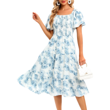 Koktailkleid Midi Puffärmel Boho Luftig Blumig Weiß XL — weiße boho kleid, blumen midi kleid, kleid puffärmel