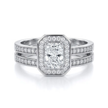 (K) Jewelco London Sterling Silver Baguette & Emerald-cut CZ Shoulder-set Octagon Halo Solitaire Wedfit Bridal Rings Set - ARN148