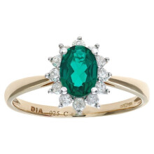 (N) Jewelco London 9ct Yellow Gold Round 1/4ct Diamond Oval 0.67ct Emerald Classic Royal Oval Cluster Ring 10mm - PR1AXL0470YEM