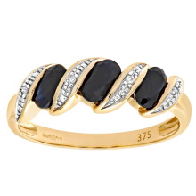 (T) Jewelco London 9ct Gold Round 2pts Diamond Oval 1.01ct Sapphire Wavy Ribbon Pod Trilogy Cocktail Ring 2mm - PR0AXL6270YSA