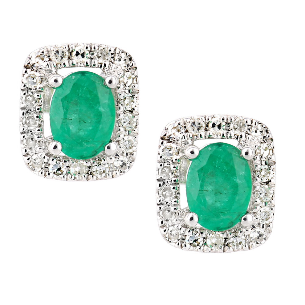 Jewelco London 9Ct White Gold Round 13Pts Diamond Oval 0.36Ct Emerald Cluster Stud Earrings - De1axl611wem