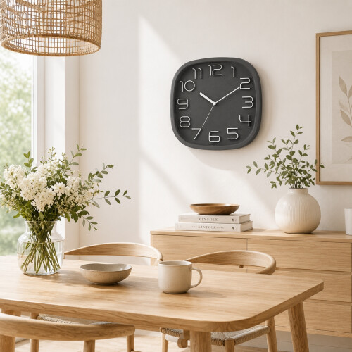 Wall Clock 30cm Square Large Numbers Quartz Battery Operated Analogue Grey Timer