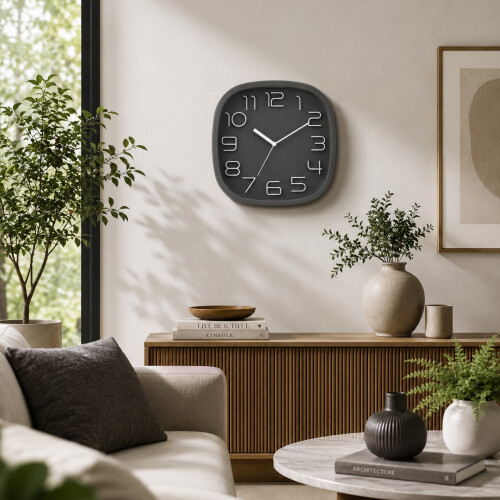 Wall Clock 30cm Square Large Numbers Quartz Battery Operated Analogue Grey Timer 2