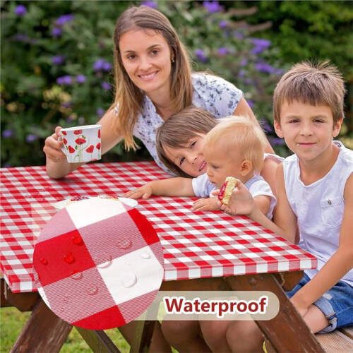 Picknicktischabdeckung mit Bankabdeckung und Tasche, Campingtisch-Set mit Elastischen Kanten, Rot 1