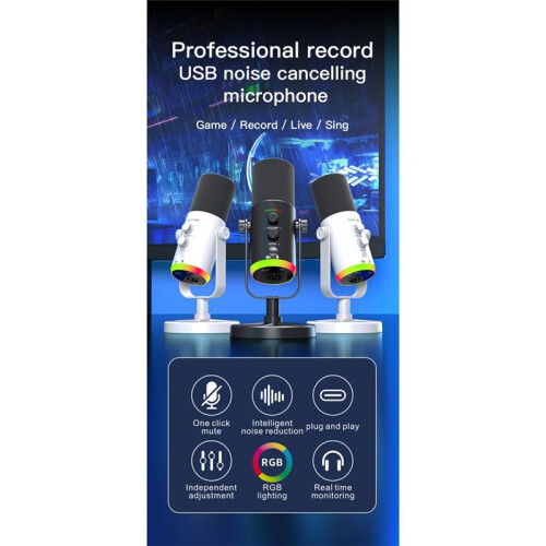 USB Dynamic Microphone RGB Gaming Microphone Computer Condenser MIC for Podcast Gaming Live Streaming Black 2