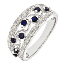 (Q) Jewelco London 9ct White Gold 15pts Diamond 0.41ct Sapphire Art Deco Bubbles n Waves Eternity Ring 8mm - PR0AXL6418WSA