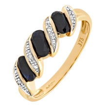 (H) Jewelco London 9ct Gold Round 2pts Diamond Oval 1.01ct Sapphire Wavy Ribbon Pod Trilogy Cocktail Ring 2mm - PR0AXL6270YSA