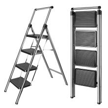 4 Step Folding Ladder Sturdy Stainless Steel Step Stool with Handrail, Non-Slip Wide Treads for Kitchen &Home Use,Compact Stepladder, Supports 150kg