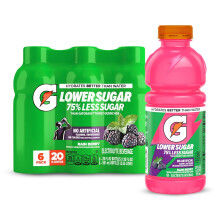 Gatorade Lower Sugar Sports Drink, Rain Berry, 20 fl oz Bottles, (6 Pack) | 75% Less Sugar, No Artificial Flavors, Electrolyte Sports Drink, Hydration