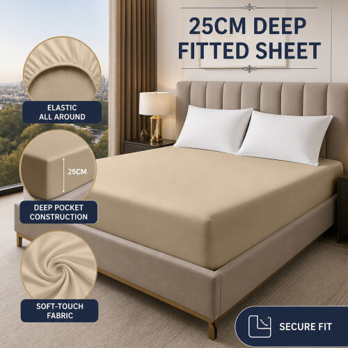 (Beige, King (152 x 200 cm)) Extra Deep 25cm Fitted Sheet Bed Sheets Single Double King Super King Size 1