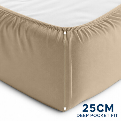 (Beige, King (152 x 200 cm)) Extra Deep 25cm Fitted Sheet Bed Sheets Single Double King Super King Size 2
