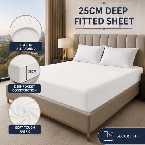 (White, King (152 x 200 cm)) Extra Deep 25cm Fitted Sheet Bed Sheets Single Double King Super King Size 2