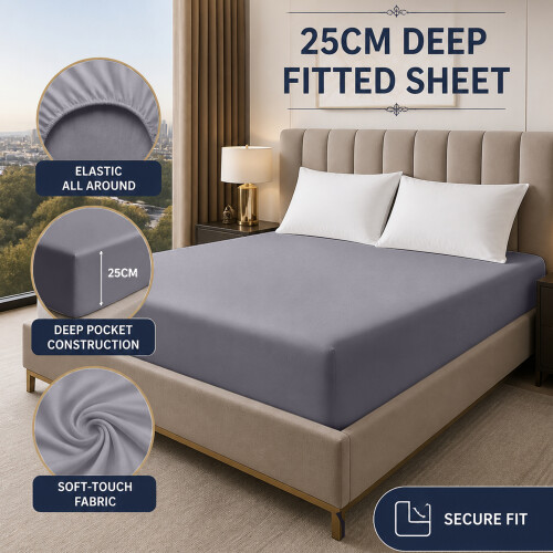 (Grey, Double (137 x 190 cm)) Extra Deep 25cm Fitted Sheet Bed Sheets Single Double King Super King Size 2