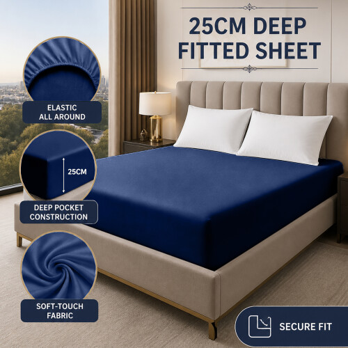 (Navy Blue, King (152 x 200 cm)) Extra Deep 25cm Fitted Sheet Bed Sheets Single Double King Super King Size 2