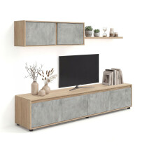 Salón con mueble de TV y estantería en roble canadian y gris cemento 200 cm Arlet