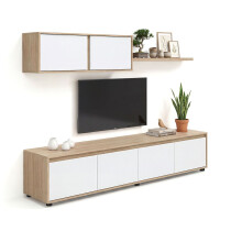 Salón con mueble de TV y estantería en roble canadian y blanco artik 200 cm Arlet