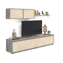 Salón con mueble de TV y estantería en gris cemento y efecto microcemento beige 200 cm Arlet