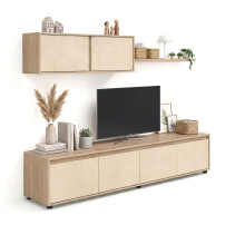 Salón con mueble de TV y estantería en roble canadian y efecto microcemento beige 200 cm Arlet