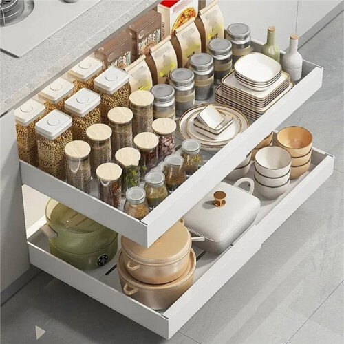 Scalable Pull-Out Kitchen Storage Rack with Slide Rails for Tray Organization 1