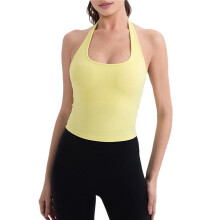 Damen Neckholder Crop Top V-Ausschnitt Workout Ausgehen Tank Top Ärmellos Rückenfrei Trendy Sommer Camisole Leuchtendes Gelb XL