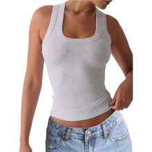 Damen Geripptes Tanktop mit Quadratischem Ausschnitt, Basic, Rückenfrei, Ärmellos, Sommer-Camisole 2025 Grau S