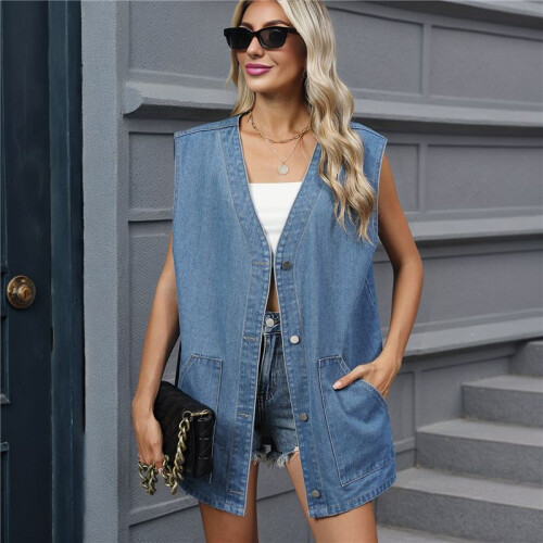 Damen Vintage Jeansweste Übergroße Button-Down-Jeansweste Blau M 1