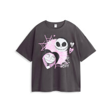 (L, Black/Pink) Nightmare Before Christmas Womens/Ladies Jack and Sally Short-Sleeved Long Pyjama Set