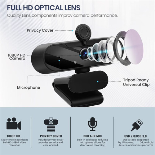 Webcam USB HD 1080P com Lente  Angular, Microfone Embutido e Tripé Giratório para Streaming, Videochamadas e Videoconferências. 2