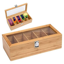 Bamboo Tea Box Organizer, 5 Compartment Tea Chest with Acrylic Glass Lid, Holds Tea Bags, Creamers, Sugar, Coffee Pods