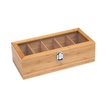 Bamboo Tea Box Organizer, 5 Compartment Tea Chest with Acrylic Glass Lid, Holds Tea Bags, Creamers, Sugar, Coffee Pods