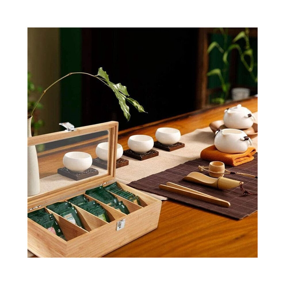 Roosh Tea Box Bamboo Tea Box Organizer, 5 Compartment Tea Chest with Acrylic Glass ...
