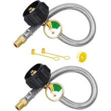 17.7 Inch RV Propane Hose with Gauge, Stainless Steel Braided Hose, 1/4" Male NPT & QCC1 for Two-Stage Regulator, Camp