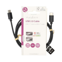 USB-kabel | USB 2.0 | USB-C-stekker | USB-C-stekker | 60 W | 480Mbps | Vernikkeld | 1,00 m | Rond | PVC | Zwart | Etiket