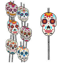 24PCS Halloween Paper Straw for Day of the Dead Party Supplies, Sugar Skull Charms Striped Straws Beverage Drinking