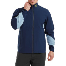 (M, Navy/Primrose) Footjoy Mens HydroLite X Waterproof Stretch Breathable Packable Golf Jacket