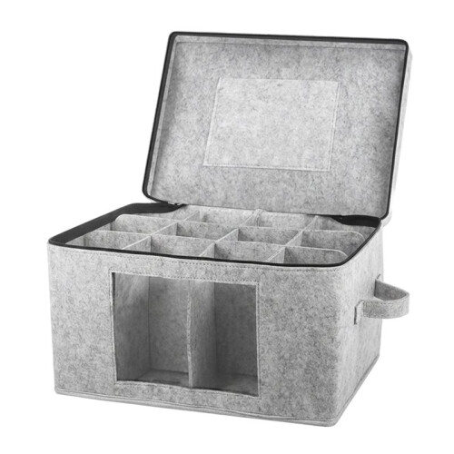 Wine Glass Storage Box with Lid, Hard Shell Stemware Storage Container with 12 Dividers,Glassware Packing Box