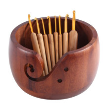 Wooden Yarn Bowl Holder, Knitting Bowl with 8Pcs Crochet Hooks,Yarn Holder Dispenser Yarn Storage Bowls