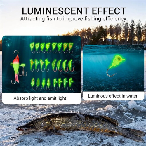 Kit com 28 Cabeças de Jig Luminosas para Pesca no Gelo, Ideais para Peixes Como Perca-, Peixe-Lua, Walleye e Outros. 1