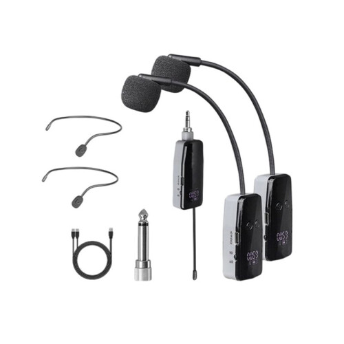 2 Channel UHF Wireless Headband Microphone System Clip- Instrument Mic for Performance Practice Recording