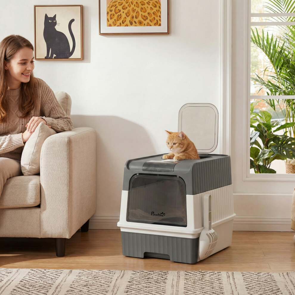 Pawhut Cat Litter Box, Enclosed Cat Litter Box W/ Lid, Pull-Out Drawer Tray