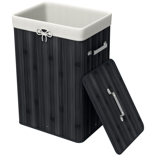 Foldable Bamboo Laundry Basket 72L with Lid, Canvas Laundry Bag, Black 1