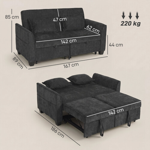 Homcom HOMCOM 2 Seater Sofa Bed, 4-in-1 Convertible Pull Out Sleeper Sofa, Black 2