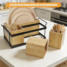 Wooden Silverware Holder Cutlery Storage Organizer Paper Plate Dispenser Flatware Cutlery Holder for Party Utensil Caddy