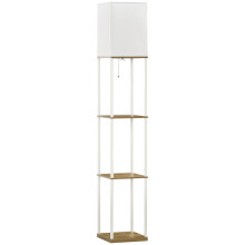 Uplighter Floor Lamp with Shelves, Metal Frame and Fabric Shade, White Brown